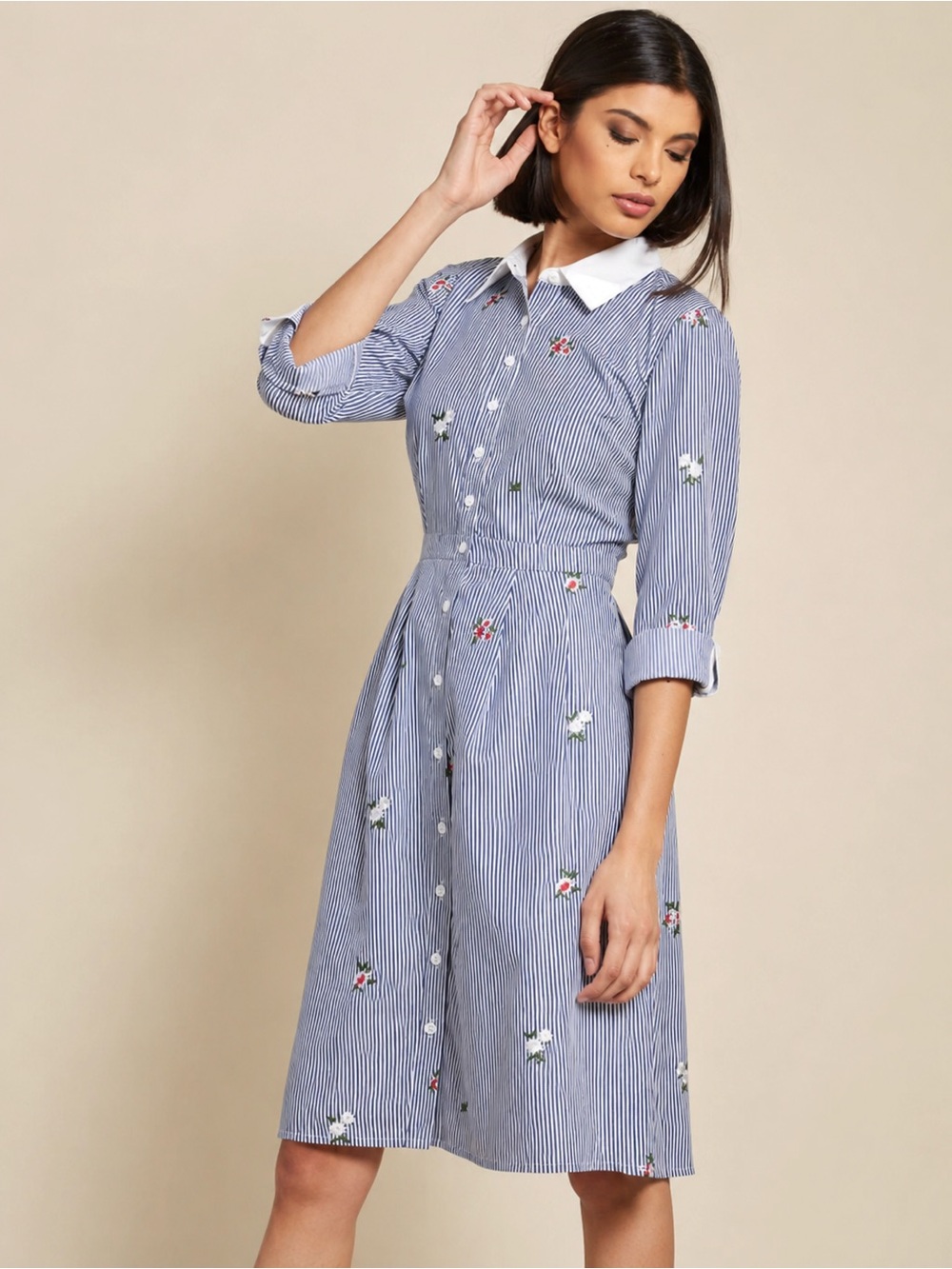 MODCLOTH Shirt Dress 2X Blue White Stripe Embroidered Floral Cotton Button Front